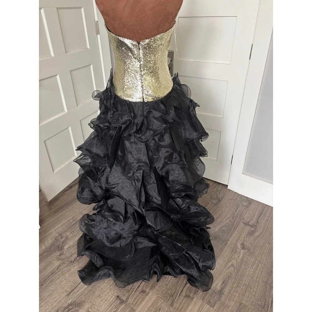 Vintage y2k PANOPLY Gold Sequin Strapless Black Ruffle High Low Gown Size 6 NWT - Picture 7 of 12